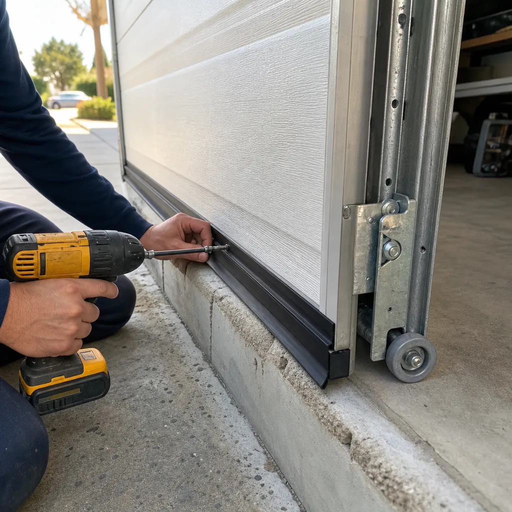 Technician installing garage door bottom weather seal with power drill