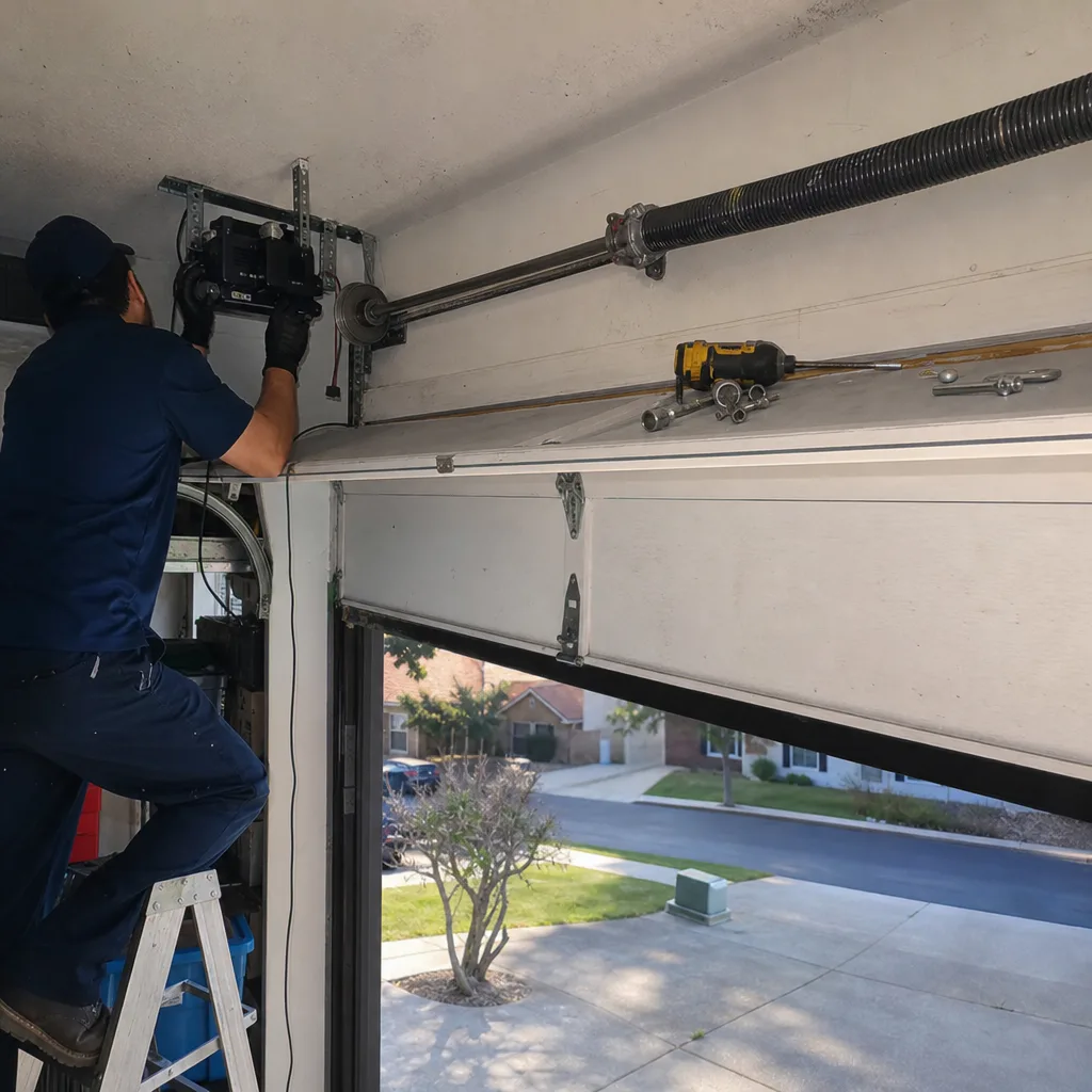 Technician performing professional garage door opener motor repair in Orange County, CA