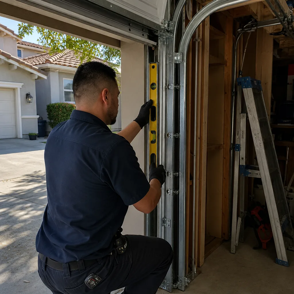Technician using a level to install or repair garage door tracks