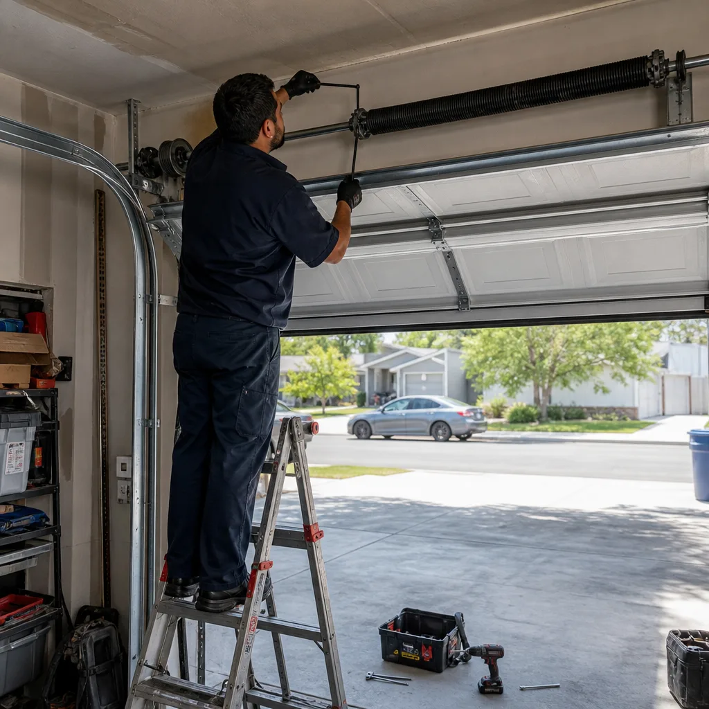 Technician performing professional garage door spring repair and maintenance service
