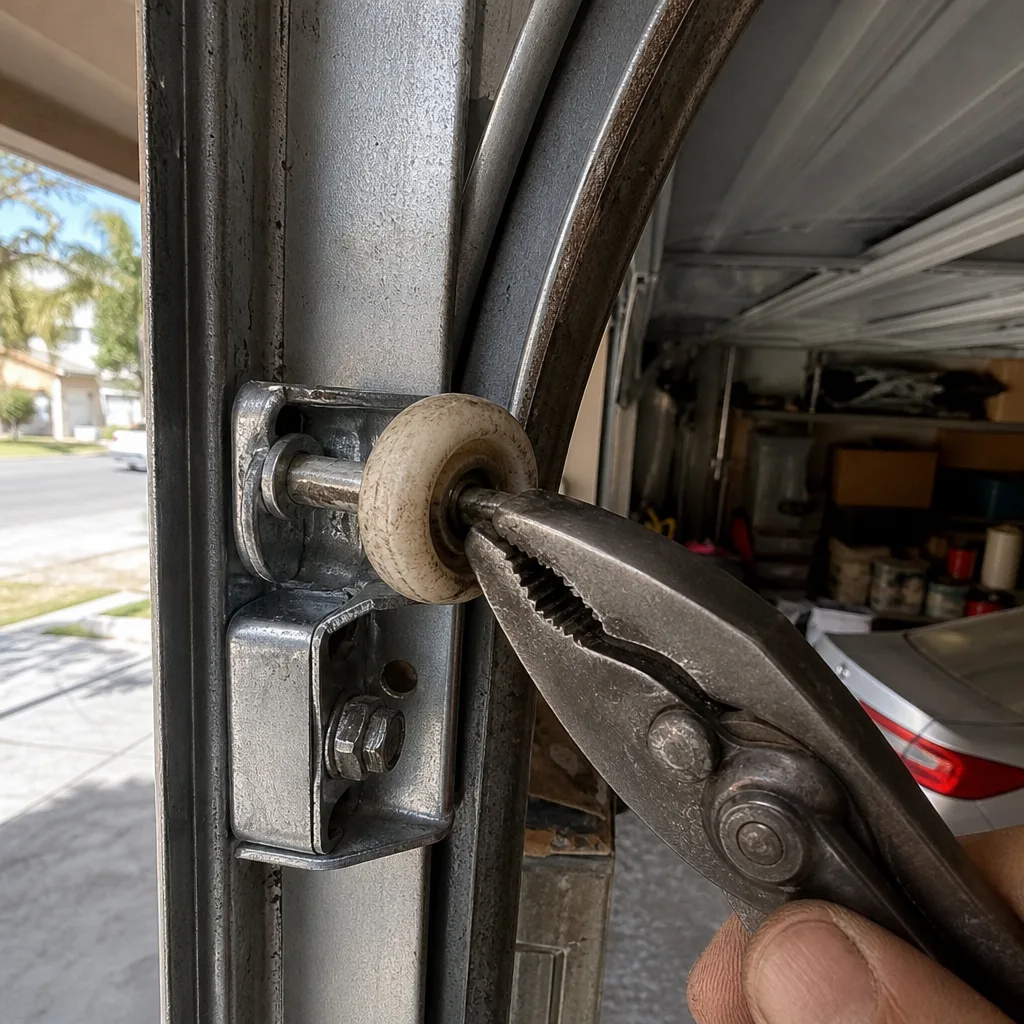 Technician using pliers to repair a garage door roller track system