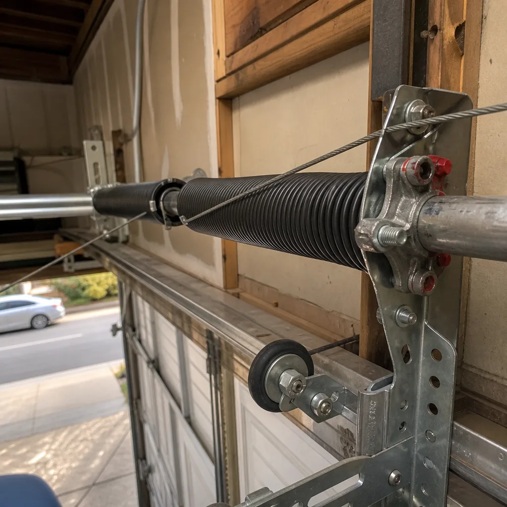 Close-up of a new garage door torsion spring and cable assembly